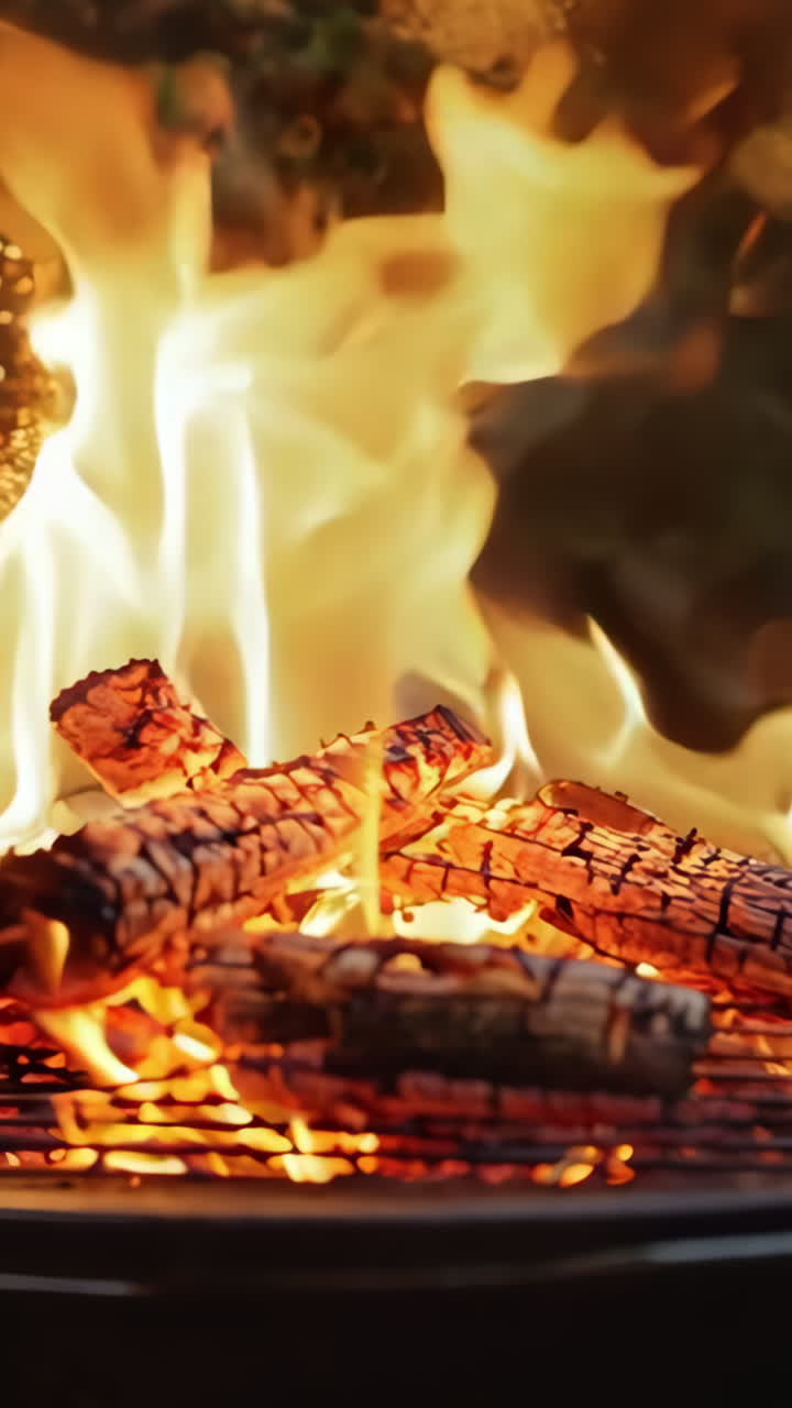 A grill with a fire burning in it. The fire is orange and yellow Vertical video