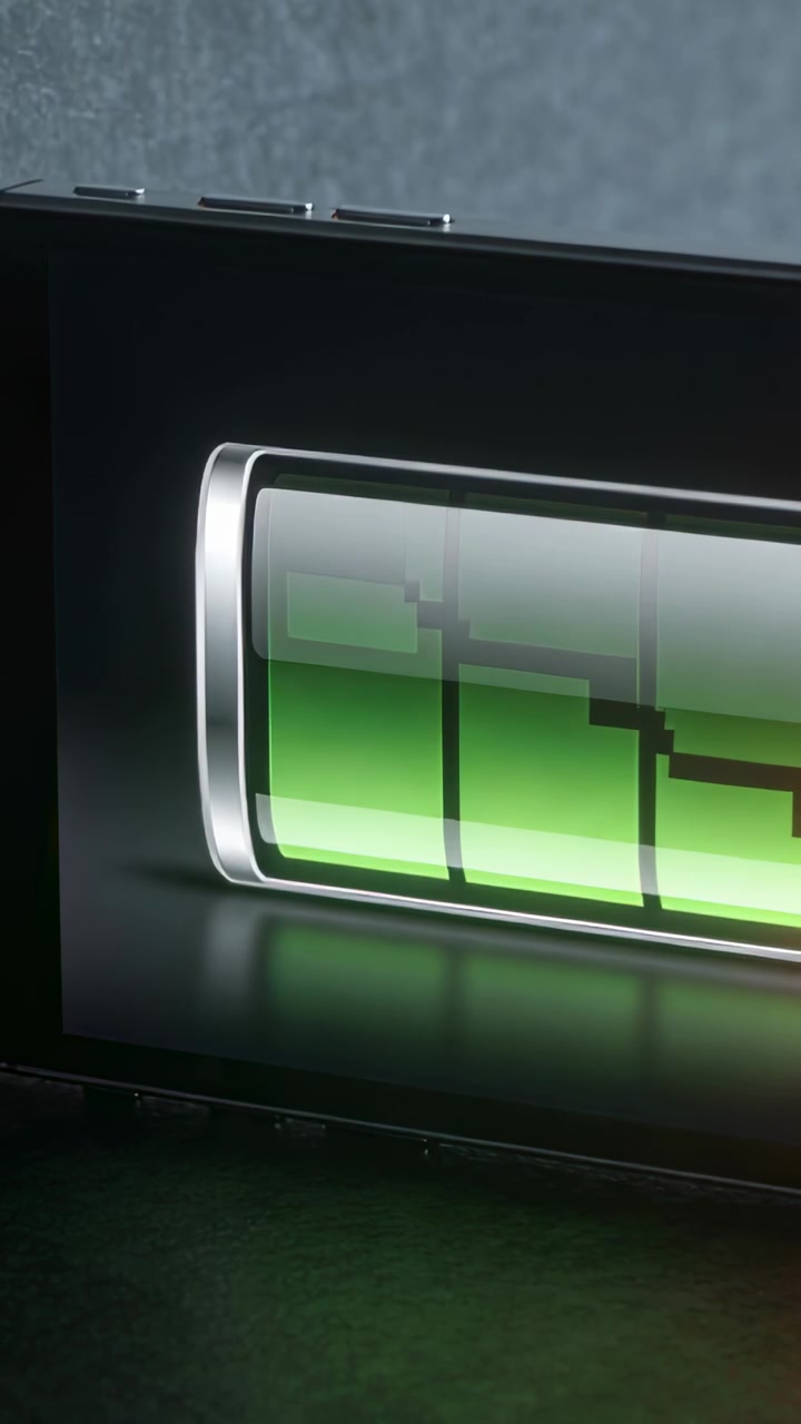 Vertical video: Starting phone battery graphic on tabletop segments shifting showing low battery
