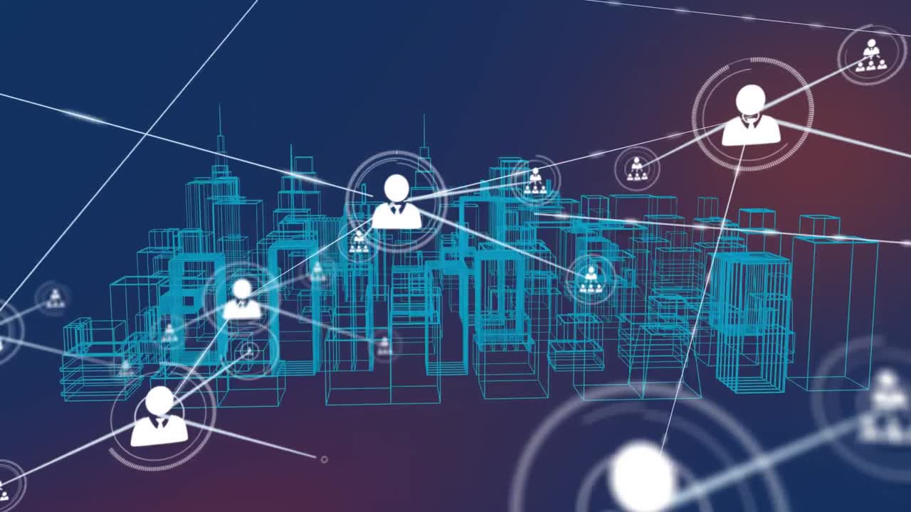 animación de la red de conexiones sobre el paisaje urbano del metaverso sobre un fondo azul oscuro