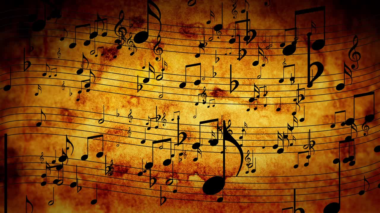 fondo animado con notas musicales, notas musicales que fluyen, corriente voladora