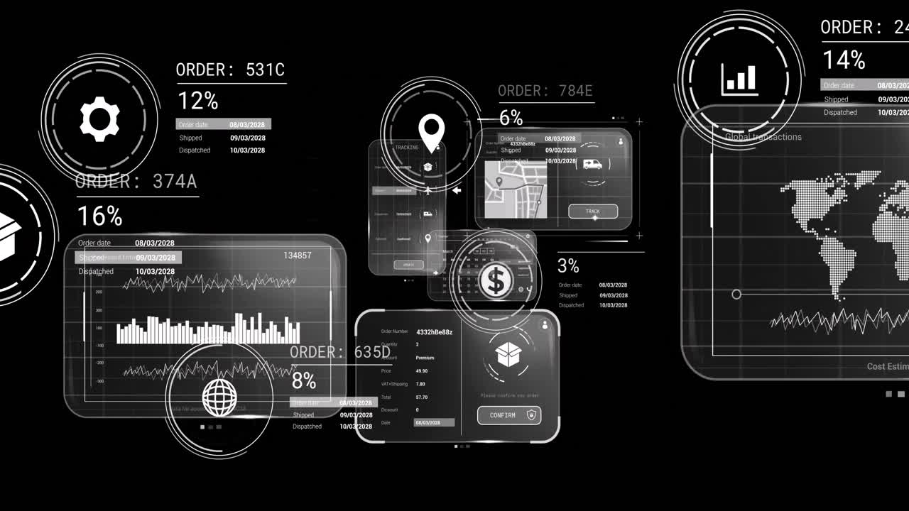 Animation of data processing on screens over black background
