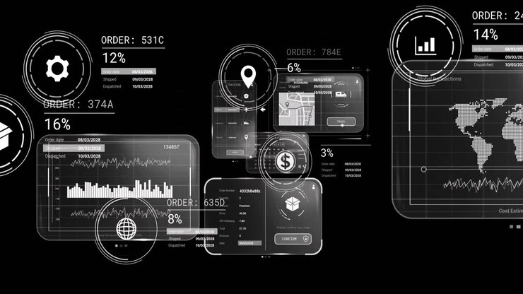 Animation of data processing on screens over black background