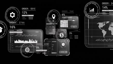 animation of data processing on screens over black background