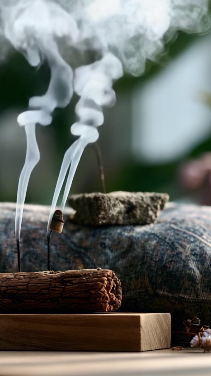 Aromi accattivanti: una scena serena di incenso che brucia su un supporto di legno con volute di fumo che si innalzano con grazia tra un morbido sfondo tessile
