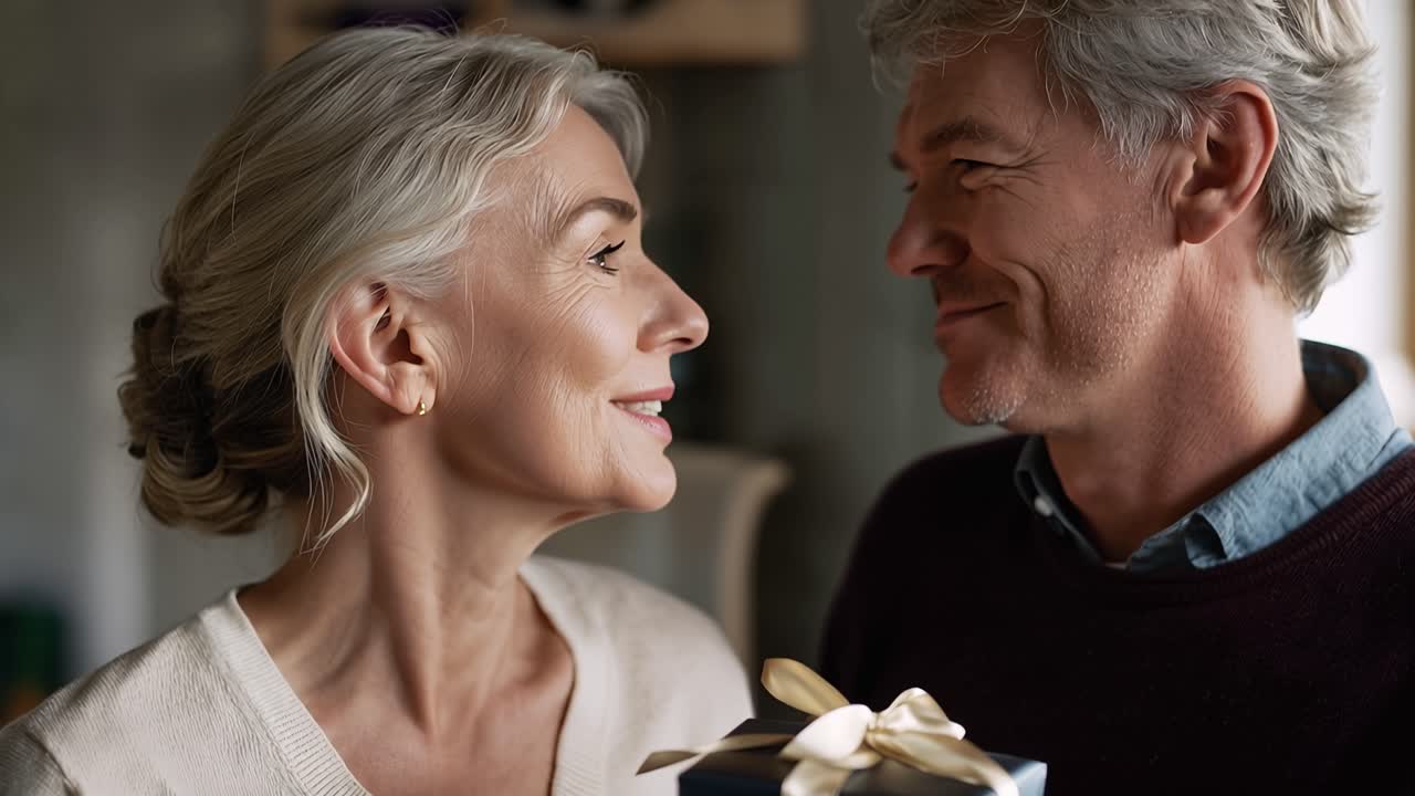 Soft light frames a tender moment. Man kisses her cheek, smiling gently. She closes her eyes, radiating peace. His hand holds a gift wrapped with care. Their connection speaks of quiet affection