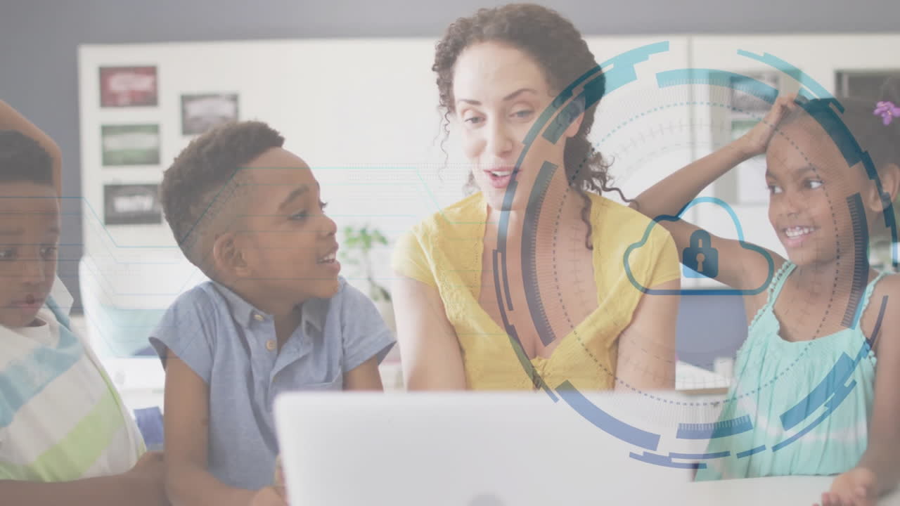 Children and woman engaging with laptop, cloud security animation overlay