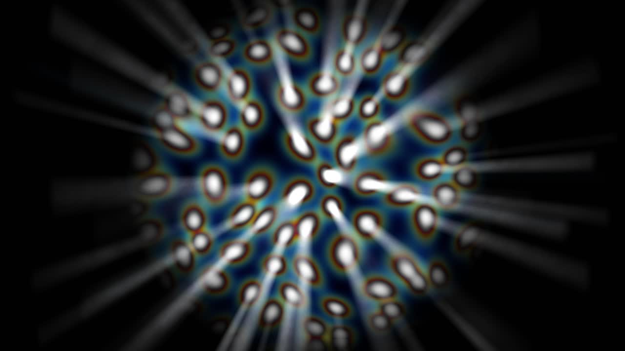 Animation of vibrant, pulsating sphere surrounded by radiating energy bursts on black background