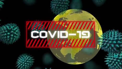 Worte-„Covid-19“-überschrieben-Mit-Der-Ausbreitung-Von-Coronavirus-Zellen-Und-Der-Drehung-Des-Globus-Im-Hintergrund.
