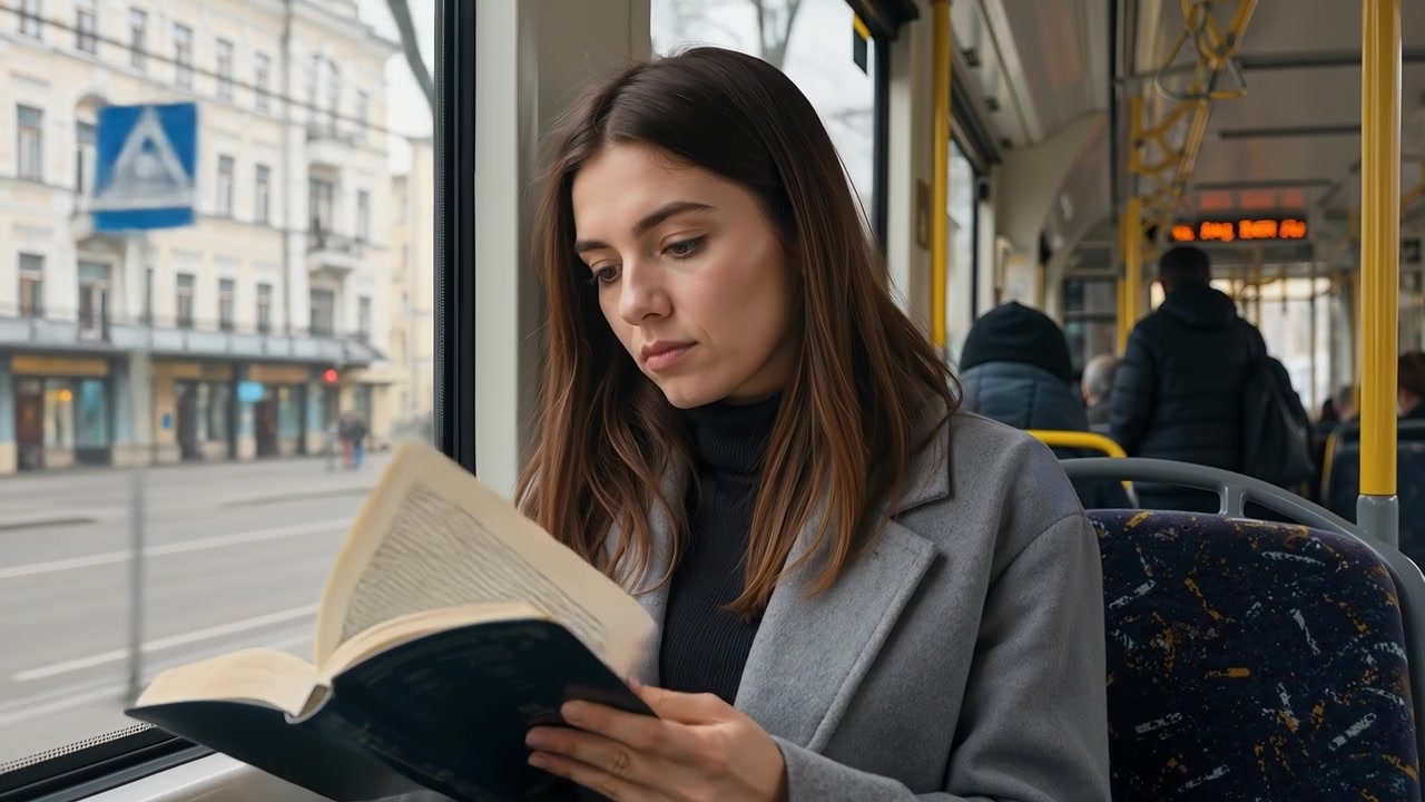 Junge Frau liest ein Buch während einer Fahrt in einer Straßenbahn oder einem Bus des öffentlichen Nahverkehrs.