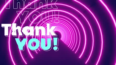 animation of thank you text over neon tunnel on black background