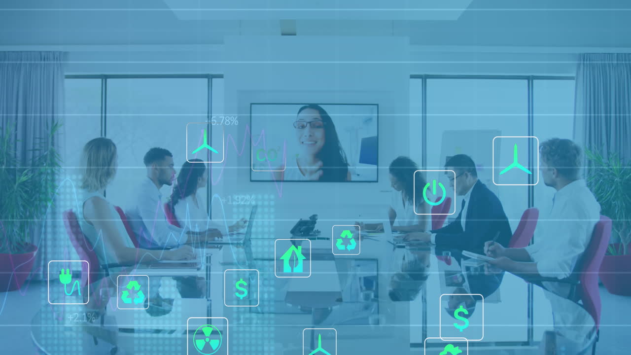 비디오 통화로 동료들과 보고서를 논의하는 다양한 여성에 대한 여러 아이콘의 애니메이션