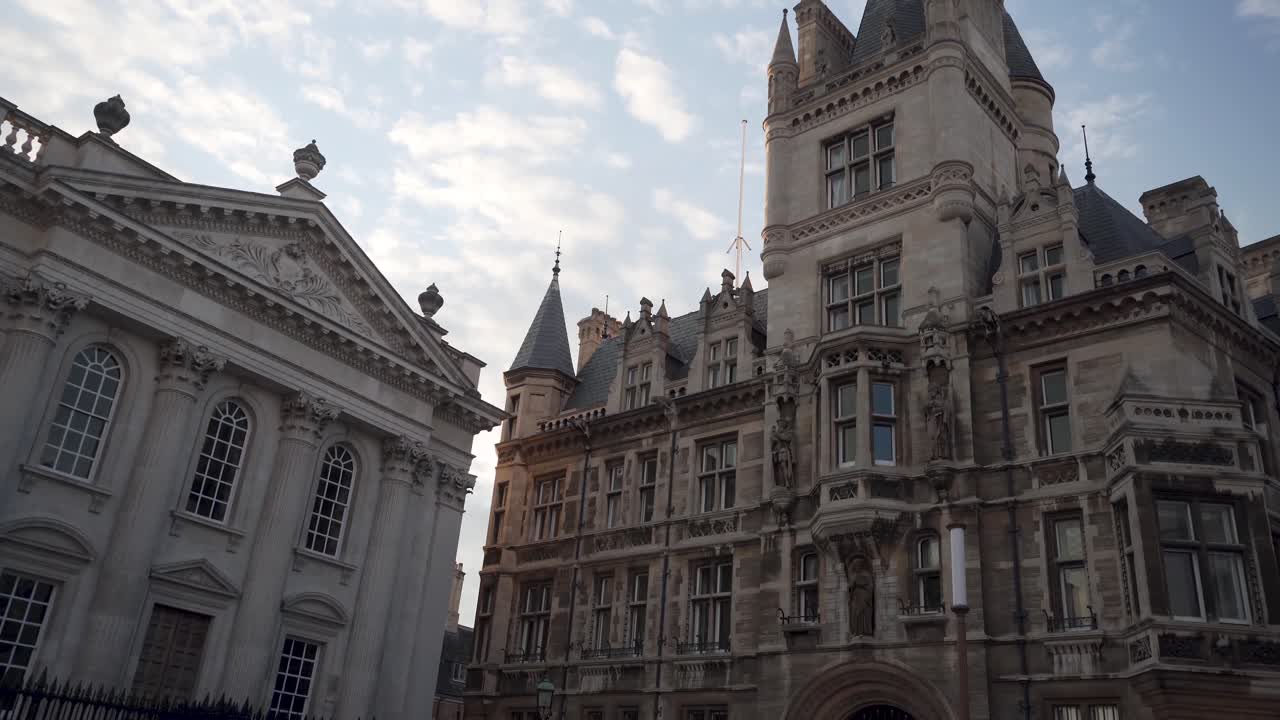 View of two different buildings in the city of cambridge, England. Typical architecture of a place famous because of its prestigious university
