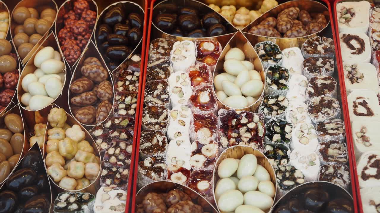 Turkish Delight, Chocolate, and Nuts in a Colorful Display