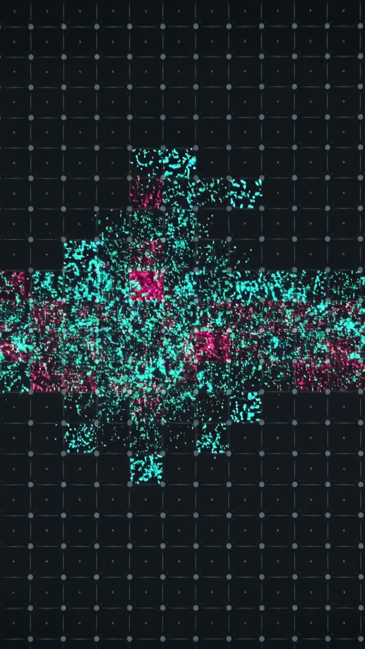 Vertical video: Playing particle cloud fragmenting on dark grid with cyan magenta specks for demo