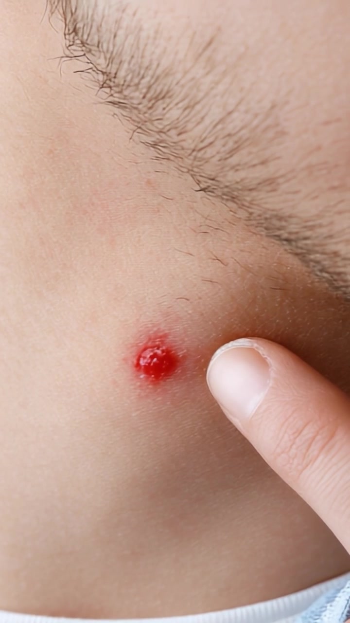 A Close-up View of a Skin Lesion Showing Signs of Inflammation and Infection on the Neck Area, Highlighting the Importance of Skin Health Monitoring.
