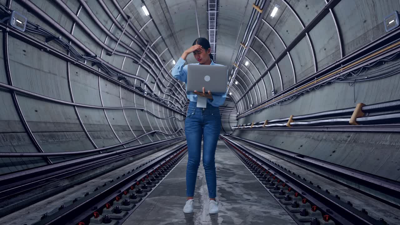 Full Body Of Asian Female With Her Laptop In Underground Subway Tunnel, She Is Nodding Her Shead With Dissapionted