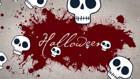 animation of halloween greetings and floating skulls on blood stain and beige background