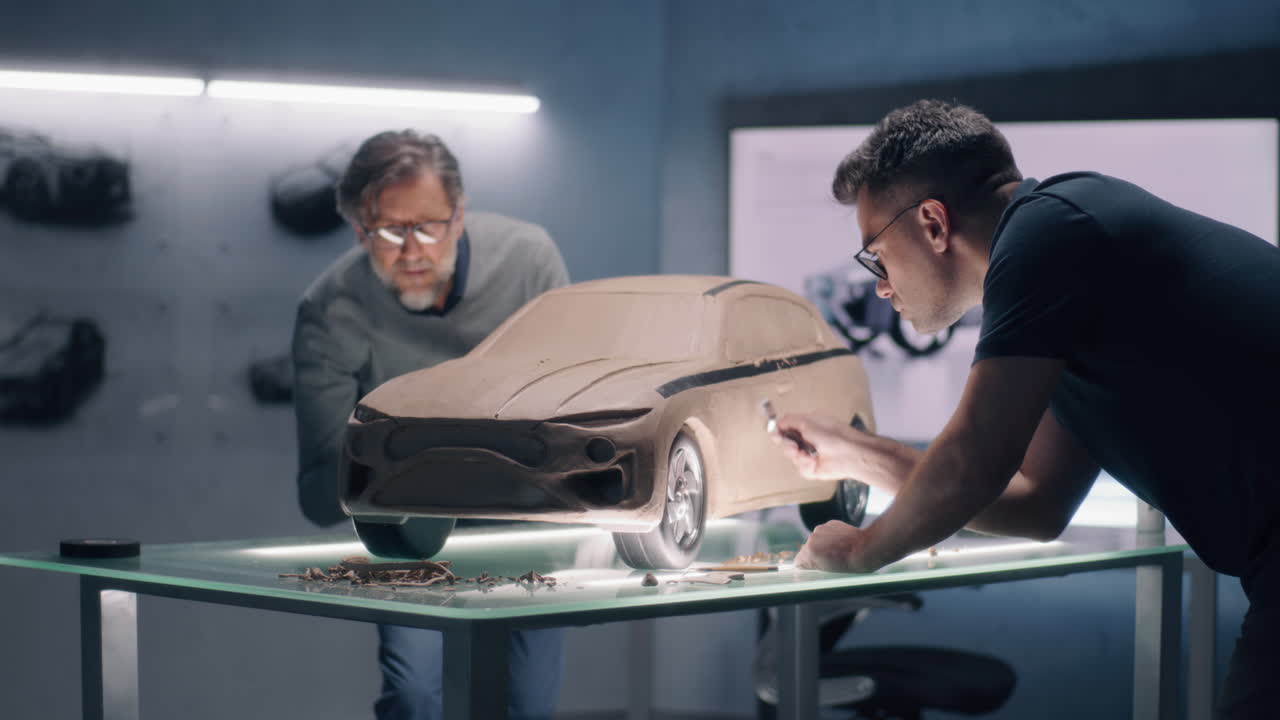 자동차 디자인 팀이 점토 모델을 작업하고 있습니다.