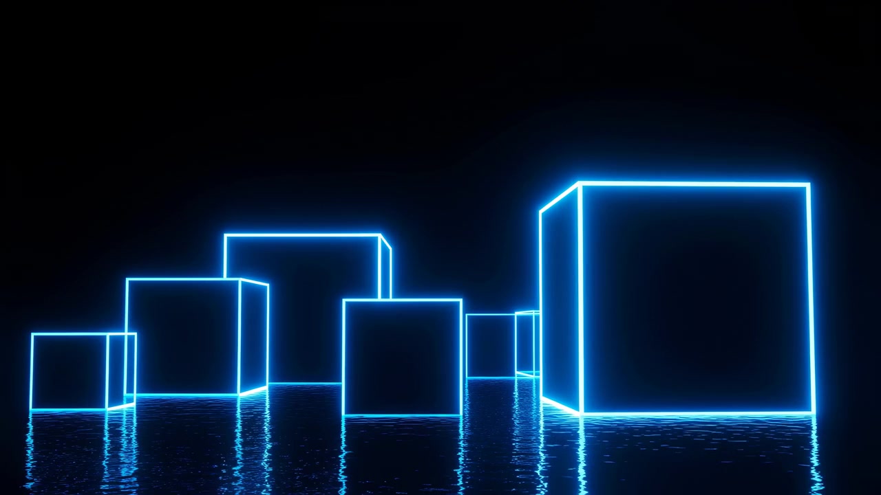 Neon Cubes Reflected On Dark Water, Futuristic Minimal Scene With Glowing Blue Outlines Of Ascending Cubic