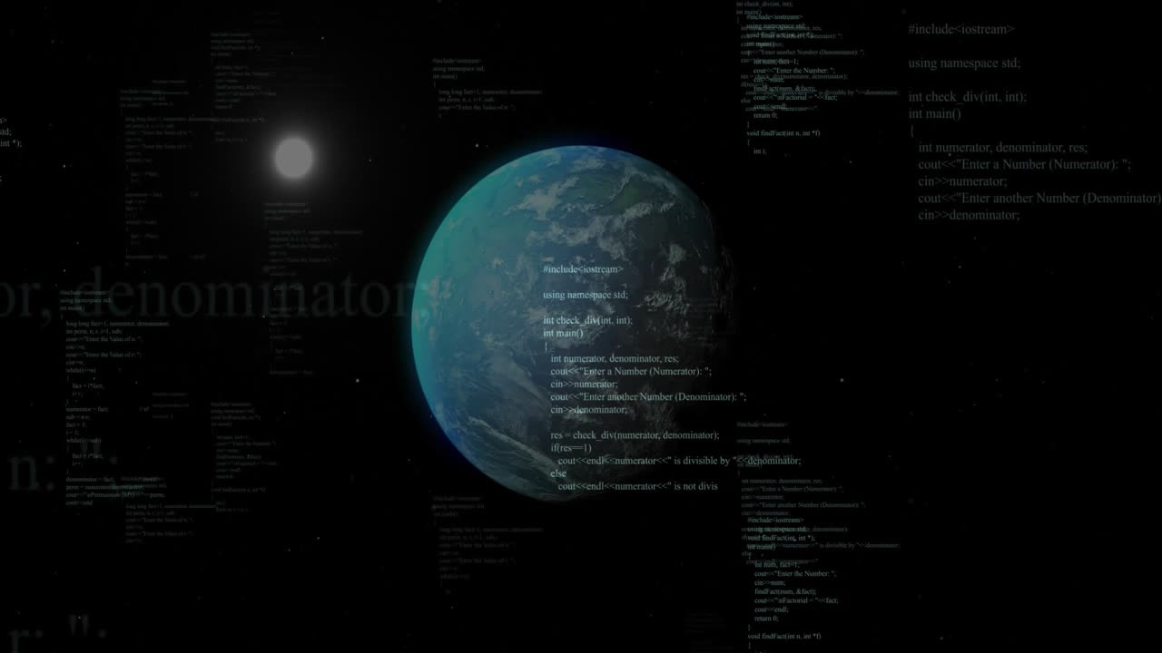 Earth appearing, rotating clockwise while C++ code drifting and covering globe, showing integration