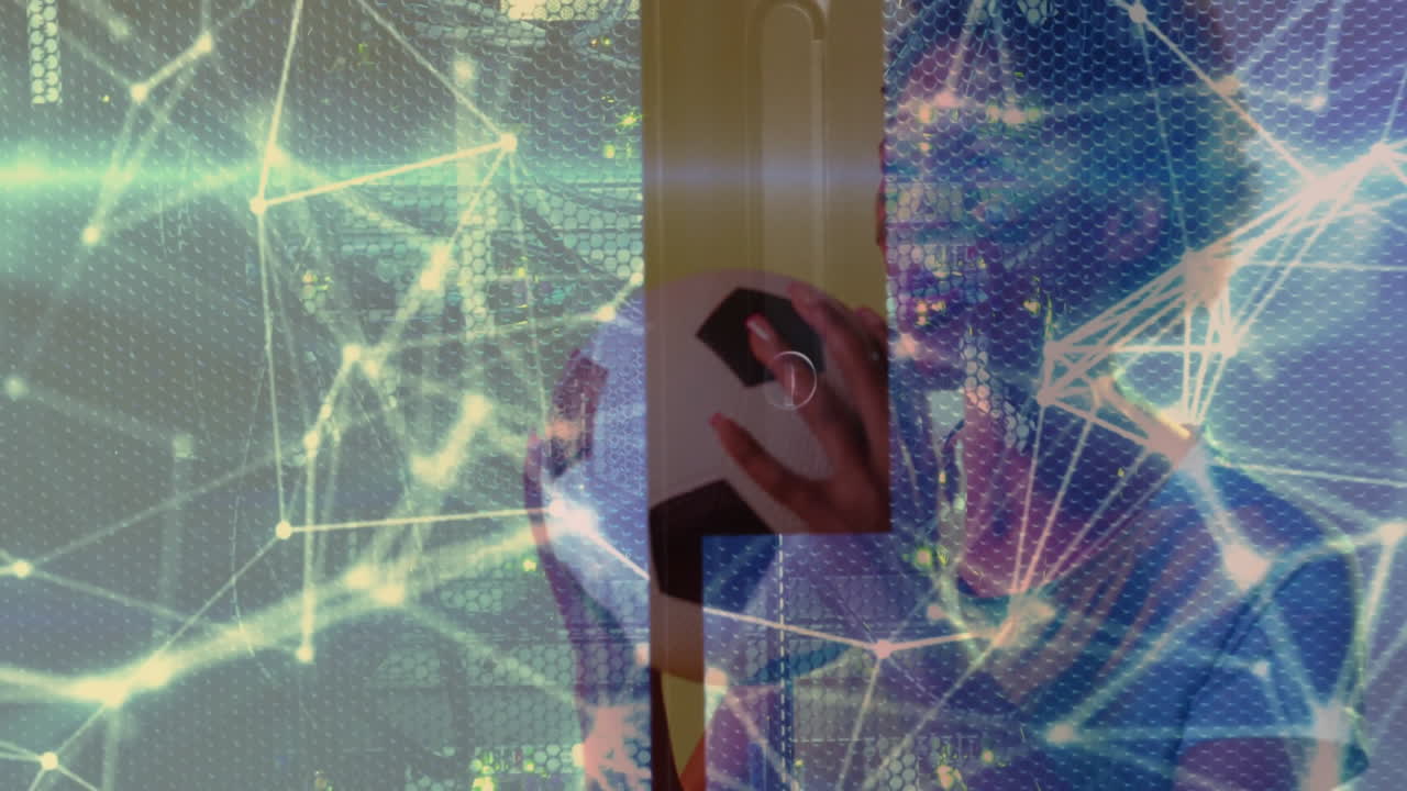 Holding door handle, person with network connections and data animation overlay