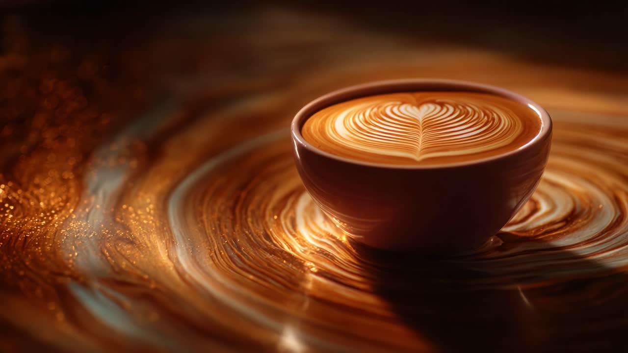 Artistic Showcase of a Beautifully Crafted Latte with Heart Design on the Surface, Set Against a Swirling Background of Rich Coffee Hues and Texture