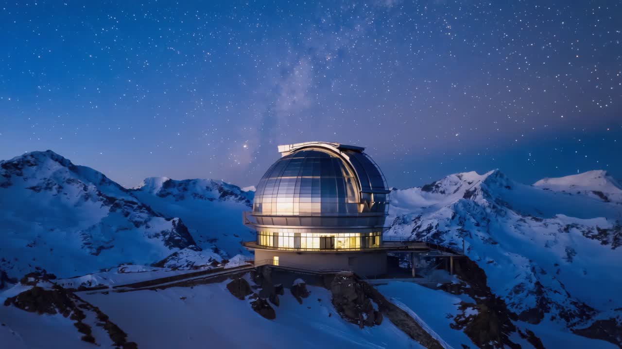 Night view of an observatory on snowy mountains under a starry sky