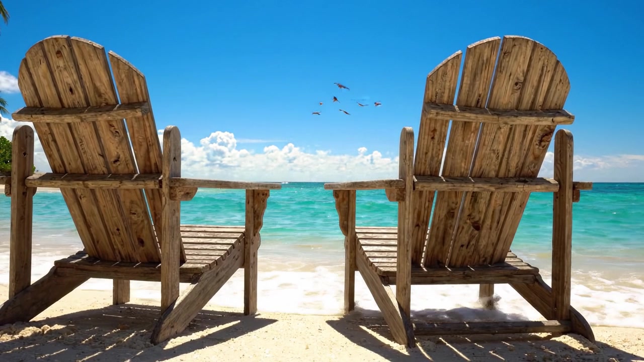 Zwei Holzstühle mit Blick auf eine ruhige Strandszene mit sanften Wellen und klarem blauem Himmel: Ein perfekter Ort zum Entspannen und Genießen der Schönheit der Natur.