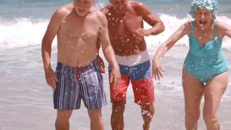 amigos mayores corriendo en el mar durante