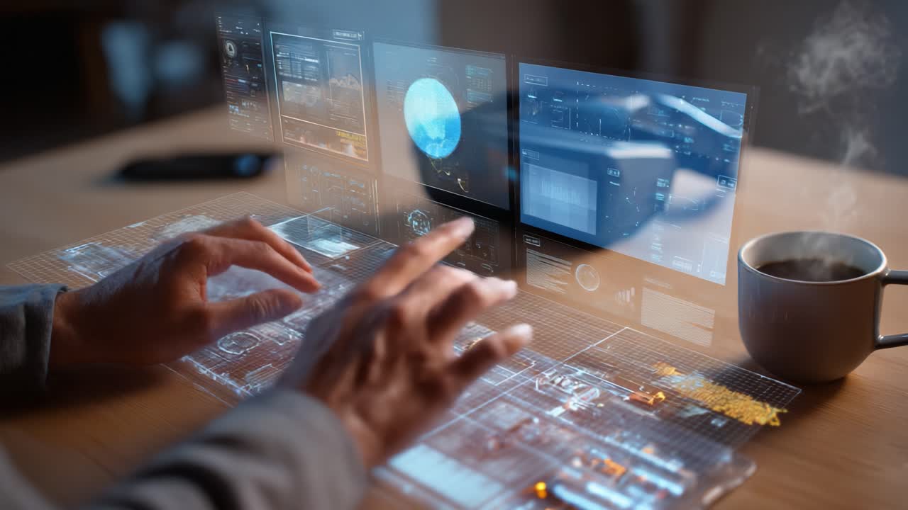 Futuristic Visualization of a Transparent Keyboard and Digital Environment with Data Displayed on Holographic Screens While a Cup of Coffee Steams Gently, Creating a Blend of Technology and Comfort