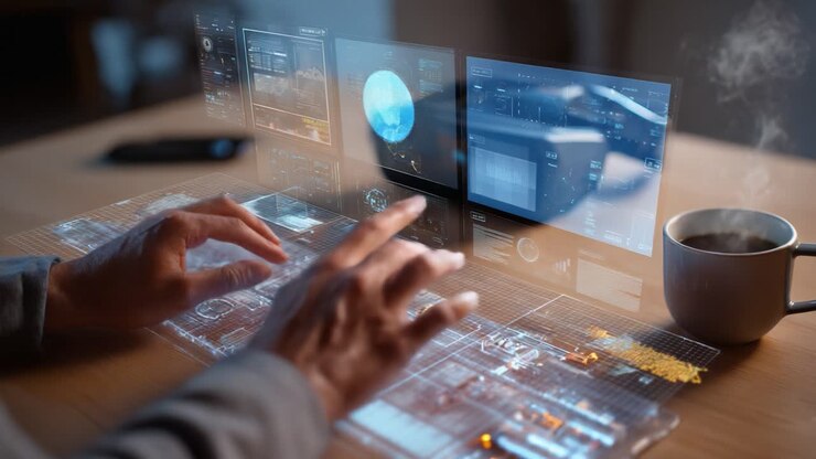 Futuristic Visualization of a Transparent Keyboard and Digital Environment with Data Displayed on Holographic Screens While a Cup of Coffee Steams Gently, Creating a Blend of Technology and Comfort