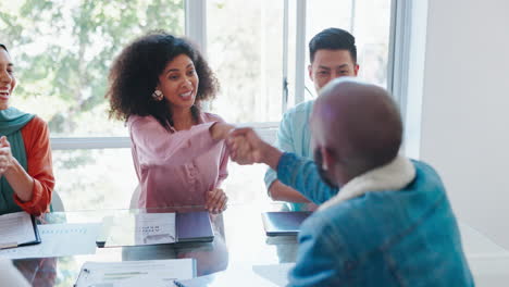 handshake, success or happy employees meeting kpi