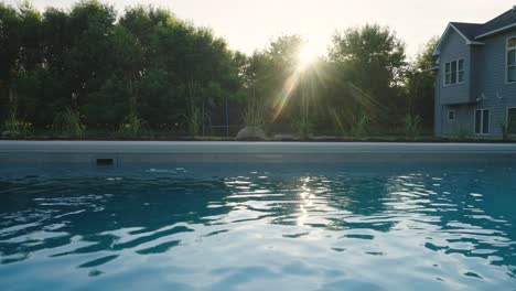 sunlight glimmers on fiberglass pool beside modern home with trees and lush landscaping