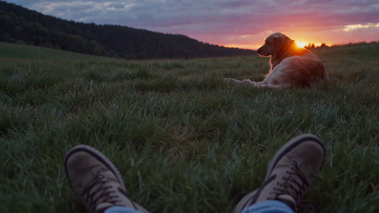 Golden Retriever and Boots in a Grassy Field at Sunset