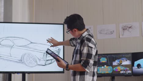 side view of asian male comparing his car design on a tablet to the photo on tv while working in the studio with computers display 3d electric car model