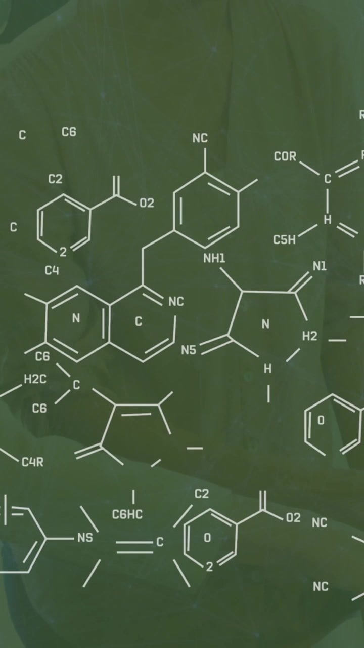 Animation of chemical structures and data processing over caucasian businesswomen talking in office
