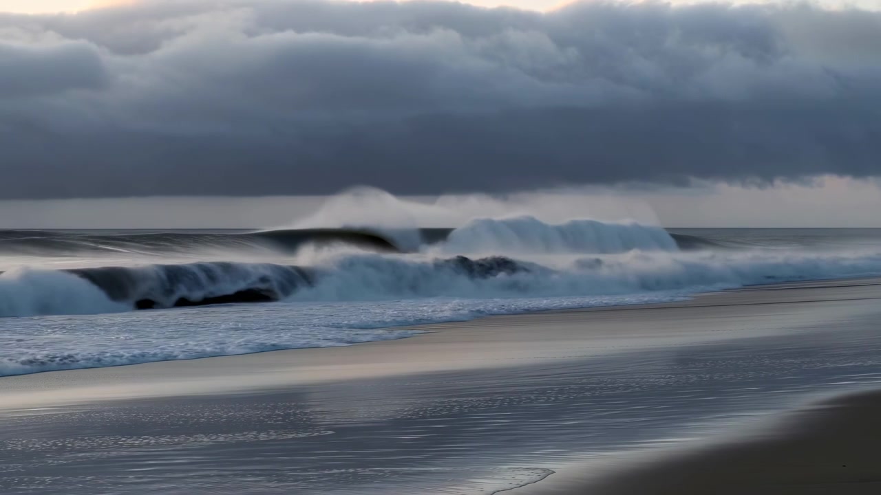 Amplia escena costera que muestra olas superpuestas moviéndose sobre una playa reflectante bajo un denso banco de nubes de tormenta, con tonos fríos y apagados, oleaje espumoso, niebla y una fuerte energía natural del océano.