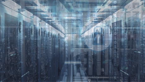 animación del icono del candado de seguridad y las conexiones del microprocesador a través de la sala de servidores de computadoras