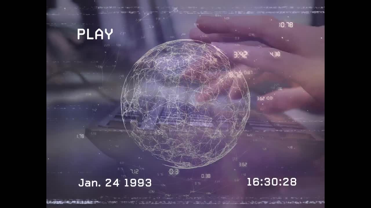 animación de interferencia sobre el procesamiento de datos y globo con las manos escribiendo en el teclado.