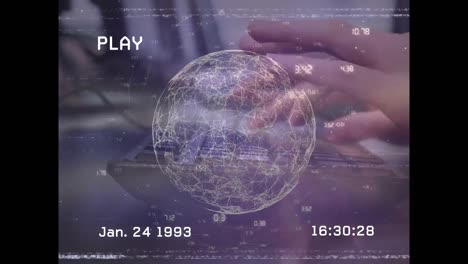 Animation-of-interference-over-data-processing-and-globe-with-hands-typing-on-keyboard