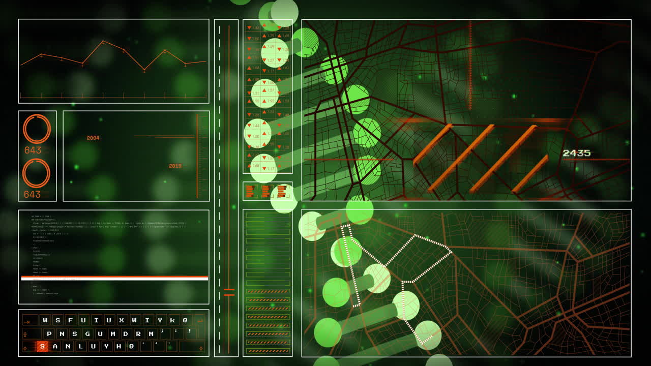 Animation featuring digital interface with graphs, maps, and green circular data
