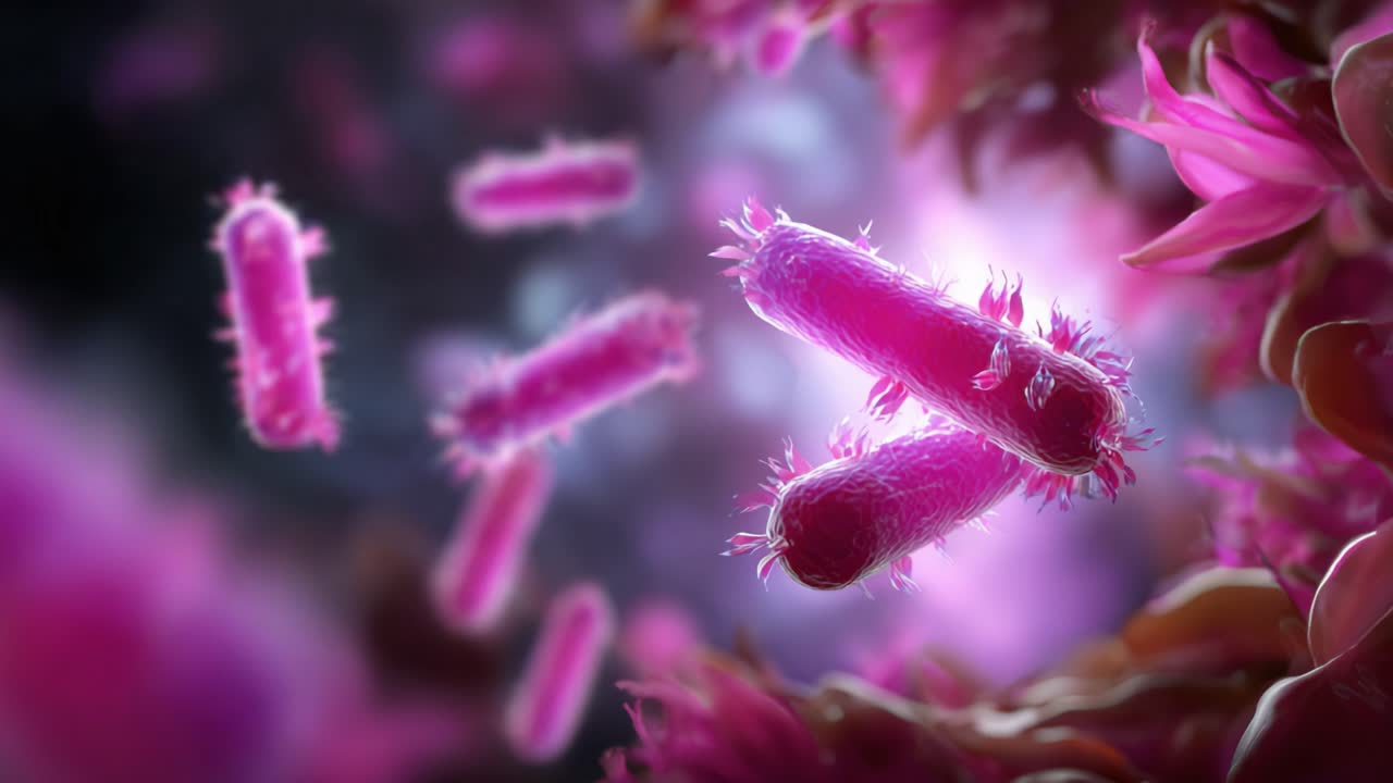 Microscopic Visualization of Vibrant Bacteria Within a Colorful Biological Environment, Displaying Intricate Structures and Dynamic Biological Interactions