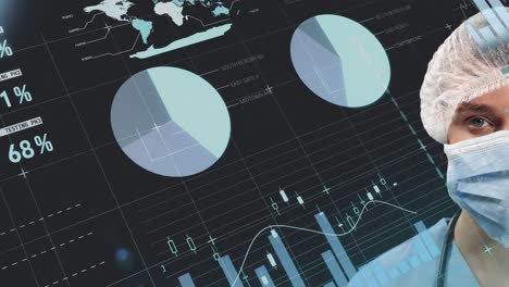 procesamiento de datos estadísticos contra el retrato de una cirujana con una máscara facial