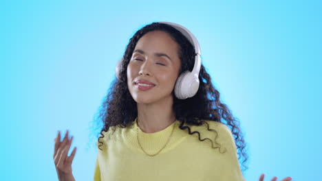 Music-headphones,-dance-and-woman-smile-in-studio