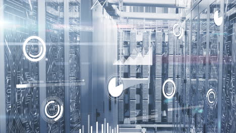 White graphs, charts and data processing over computer server room