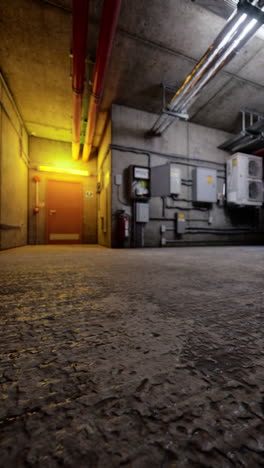 un pasillo iluminado que conduce a una puerta en un edificio industrial subterráneo.