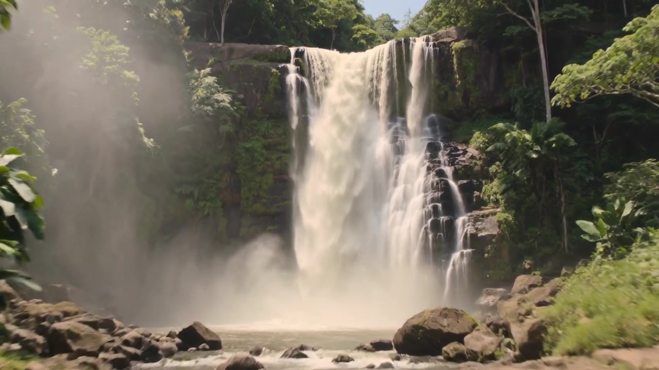 Kamera bergerak mendekati air terjun bertingkat di ngarai tropis, menangkap kabut dan percikan air yang membumbung.