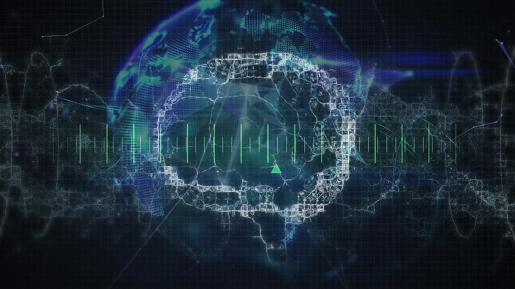 Animation of digital brain over data processing and globe on black background