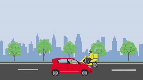 city road seamless animation with delivery car and motobike.
