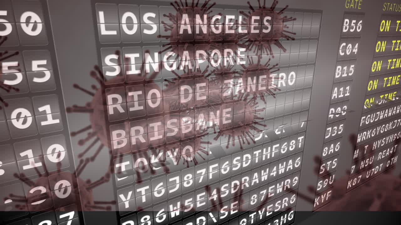 tabla de salida del aeropuerto contra múltiples células de covid-19 flotando en fondo gris